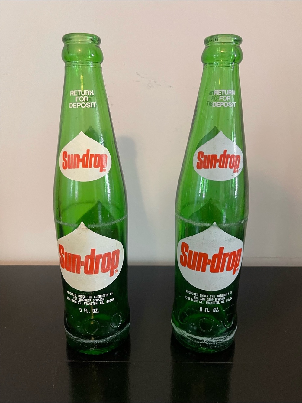 Vintage 1960-197 Sun-Drop Green Glass bottles (set of 2)
